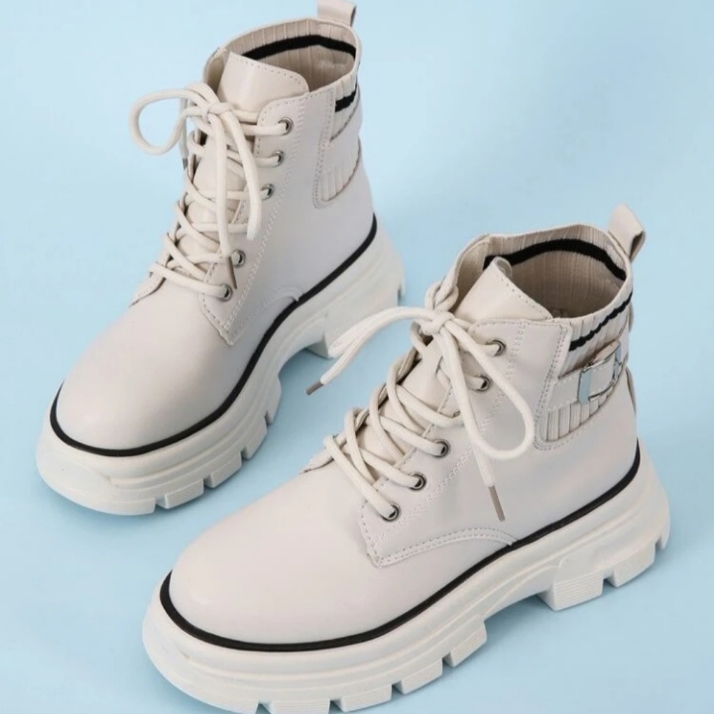 White Lace Up Buckle Chunky Boots